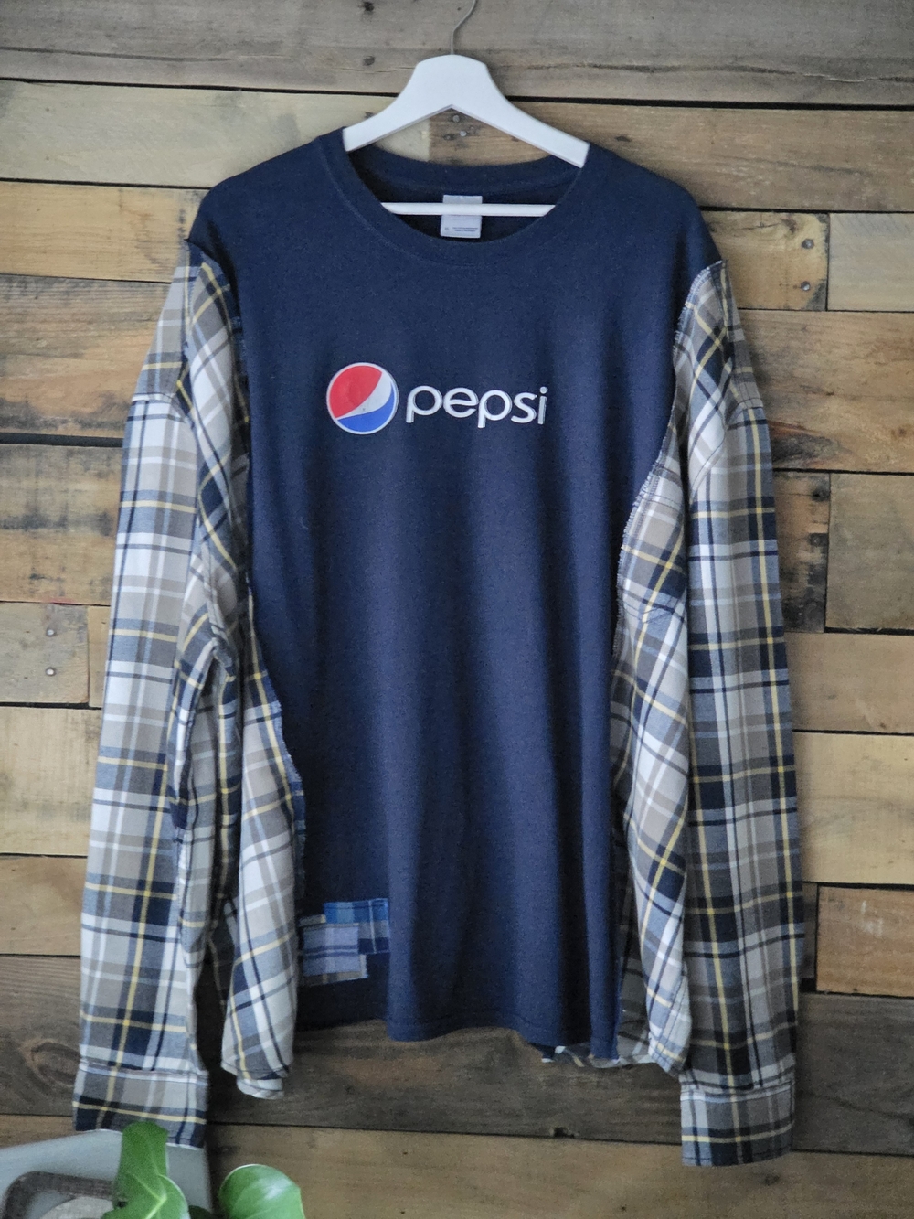 Upcycled Pepsi Navy Logo With Plaid-Sleeve Shirt